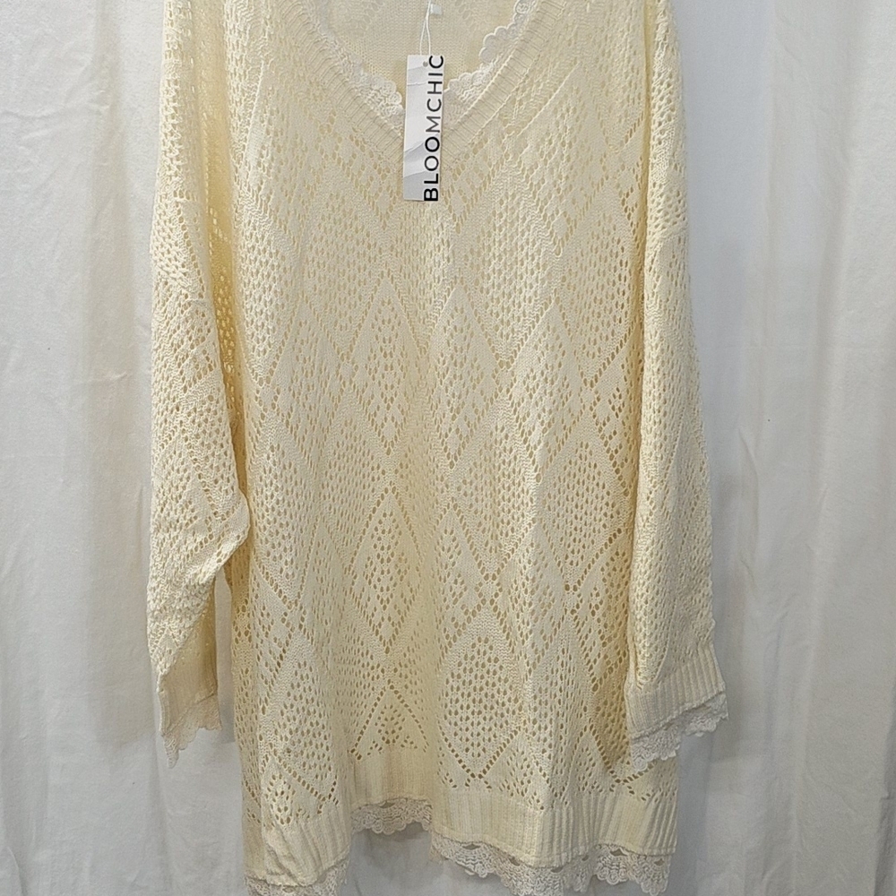 Bloomchic 5x 6x 30 Cream Knit V Neck Pullover Sweater Tunic Lace Trim